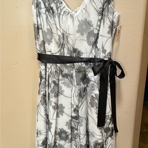 Petite size 12 near black to grey white flower dress. NWT. Mesh outer